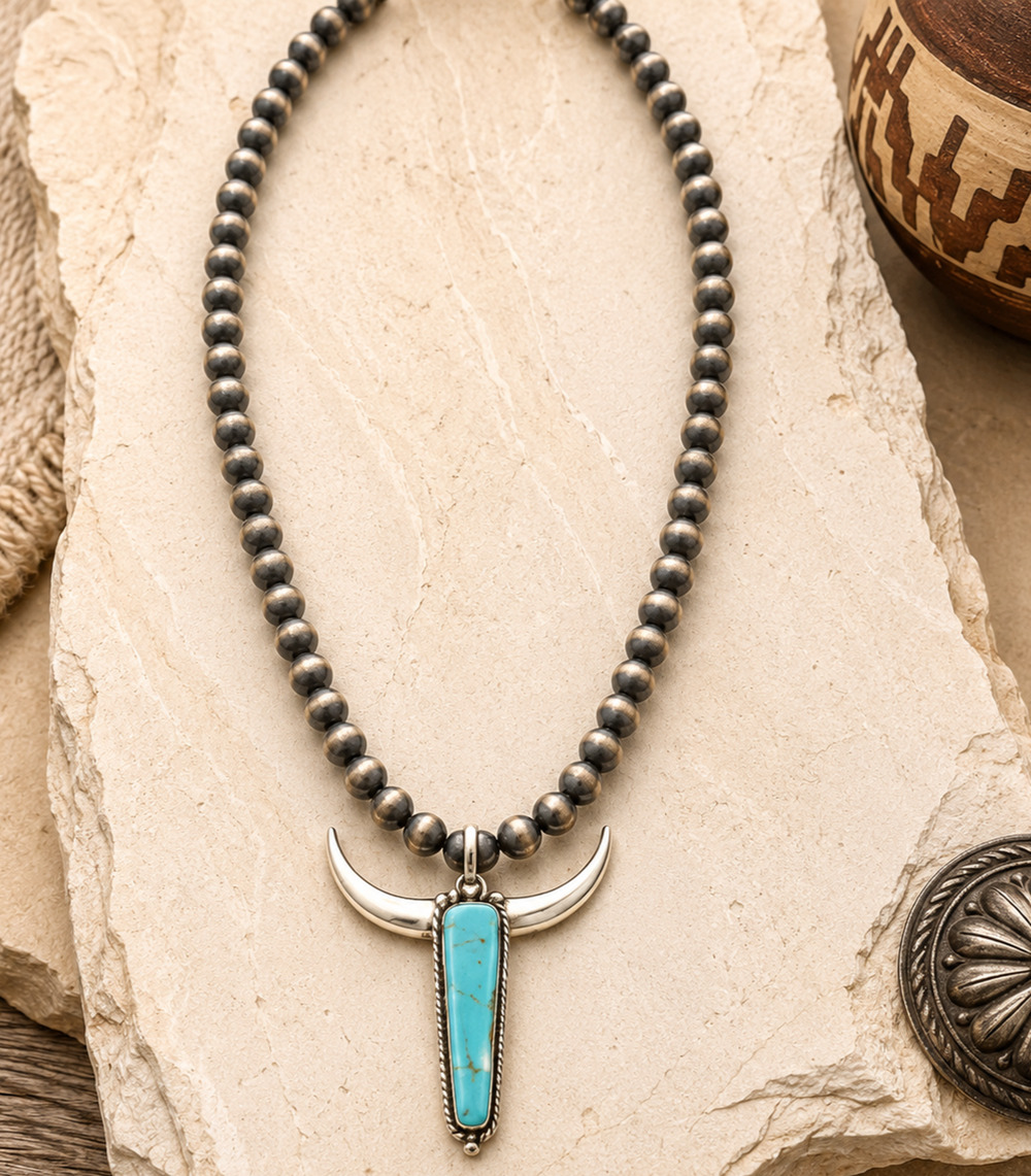Western Longhorn Faux Turquoise Statement Necklace Cowgirl Rodeo Desert Boho